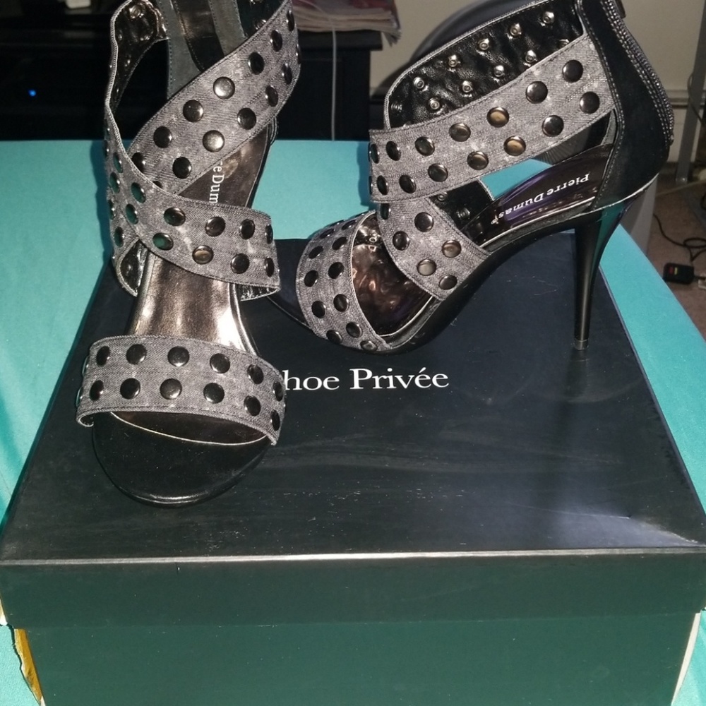 Denim studded heels